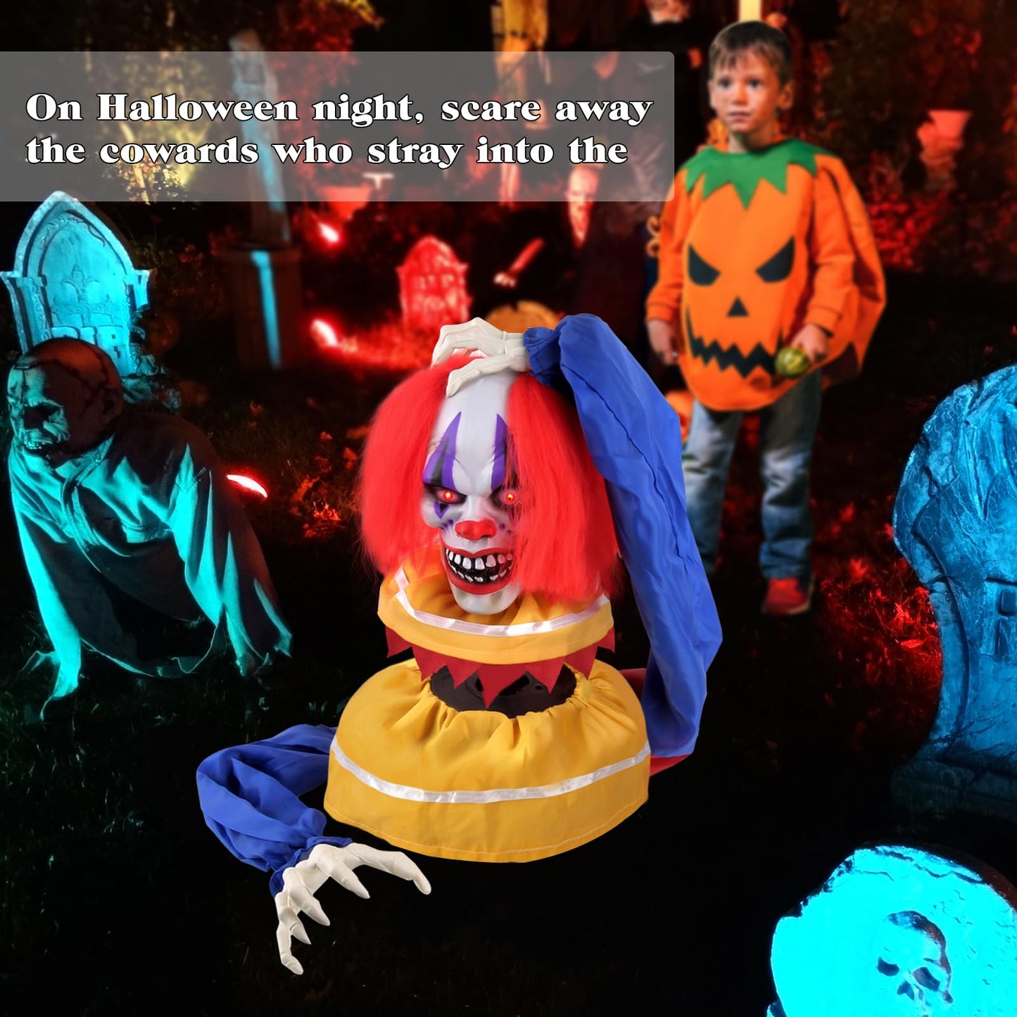 Halloween Animatronics Decorations - Scary Clown with Sound Activated, Creepy Sound, Light Up Eyes, Scary Motion for Halloween Indoor/Outdoor Yard Lawn Decoration, Haunted House Props
