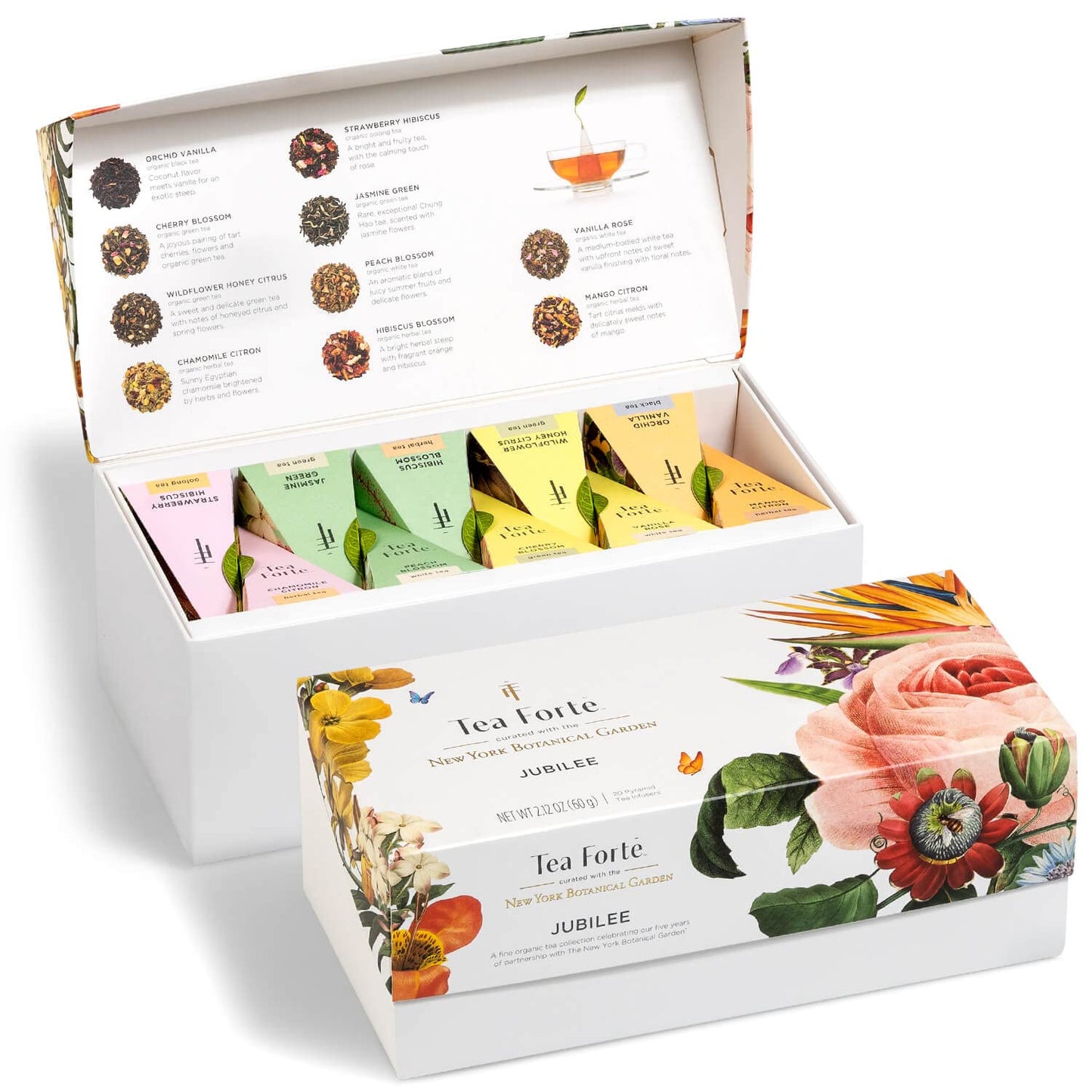 Tea Forte Jubilee Presentation Box Tea Gift Set Sampler, 20 Count 2 of Each Variety Individually Wrapped Handcrafted Pyramid Infuser Bags
