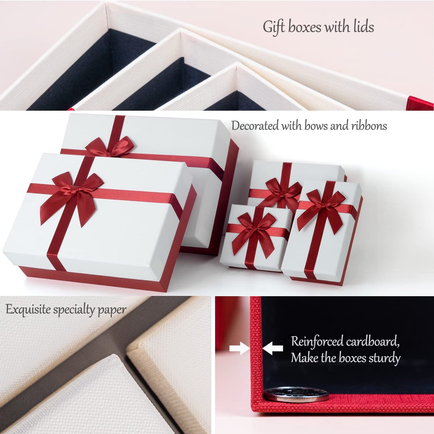 Eerbaier Gift Boxes with Lids for Presents, 5 Sizes Gift Wrap Boxes, Present Boxes for Weddings, Birthdays, and All Gift Giving Occasions(Red/White)