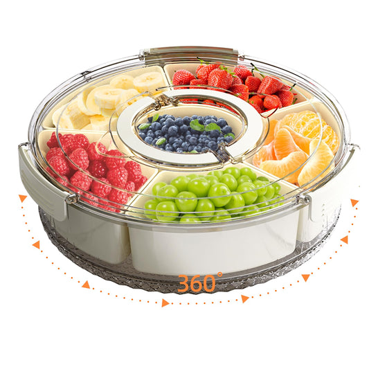 riyeloi Divided Serving Tray with Lid and Handle, Stackable Snackle Box Container for Fruits Candy Organizer, Portable Spinning Rounded Veggie Tray for Kitchen, Party, Trave and Picnic-1 PACK
