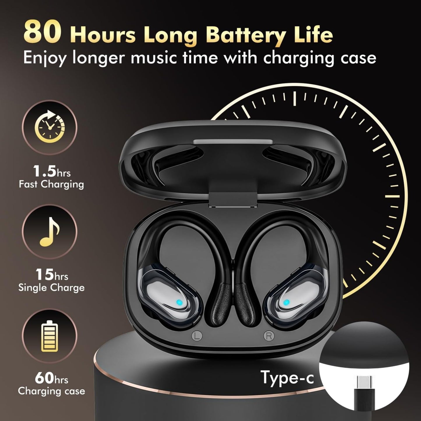 HAOYUYAN Wireless Earbuds, Sports Bluetooth Headphones, 80Hrs Playtime Ear Buds with LED Power Display, Noise Canceling Headset, IPX7 Waterproof Earphones for Workout/Running