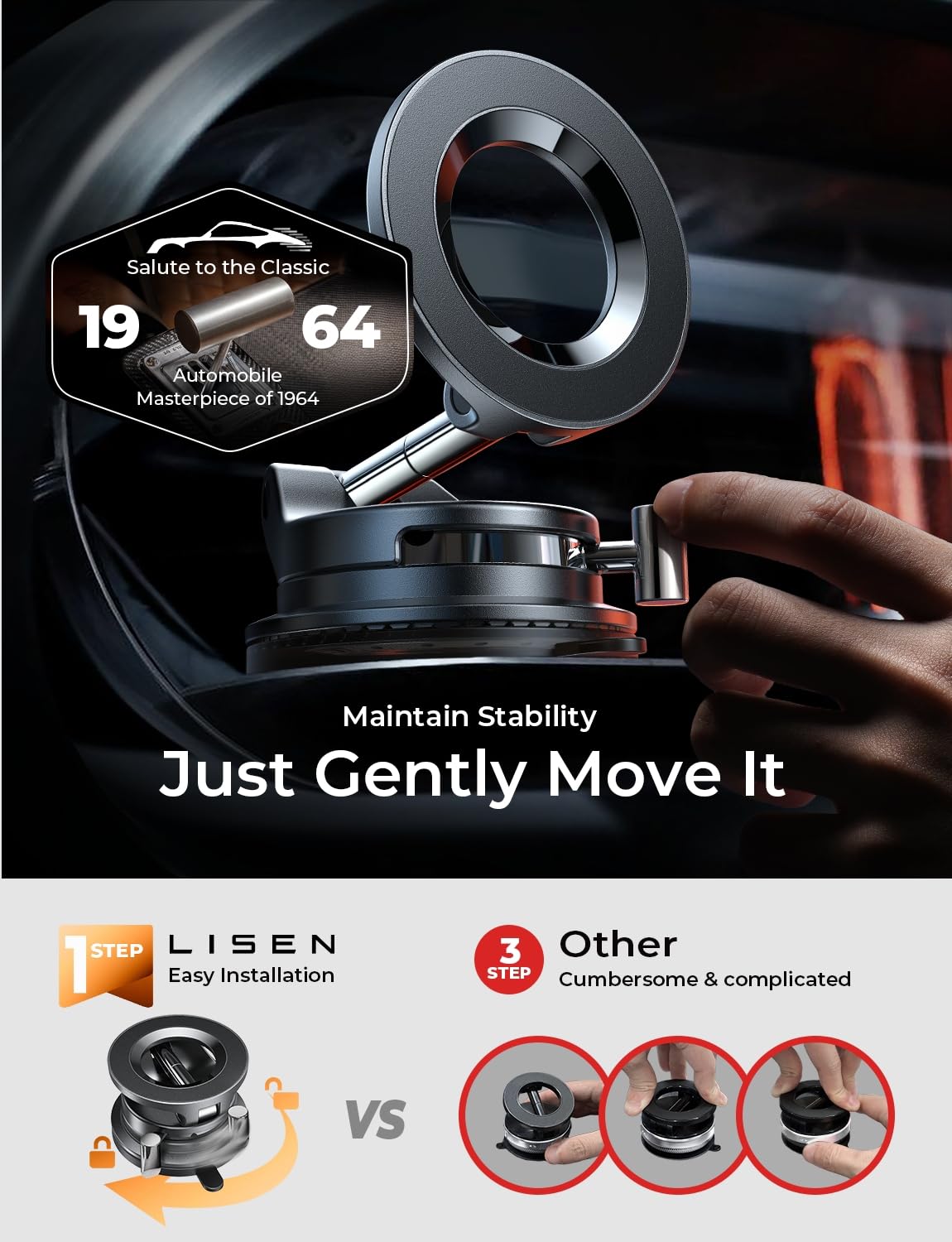 LISEN Suction Cup Phone Mount, Vacuum Magnetic Phone Holder, 360° Adjustable for MagSafe Car Holder Foldable Suction Phone Mount for Car, for Garmin GPS/Mirror/Smooth Surface, for iPhone 16 Pro Max 15