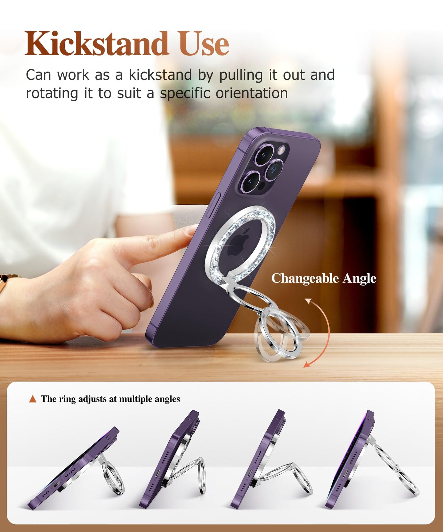 GVIEWIN Magnetic Phone Ring Holder, Compatible with MagSafe Phone Grip with Adjustable Stand, Magnet Phone Ring Kickstand for iPhone 16 Pro Max/Plus/15/14/13/12 Series/Other Phones (Glitter/Silver)