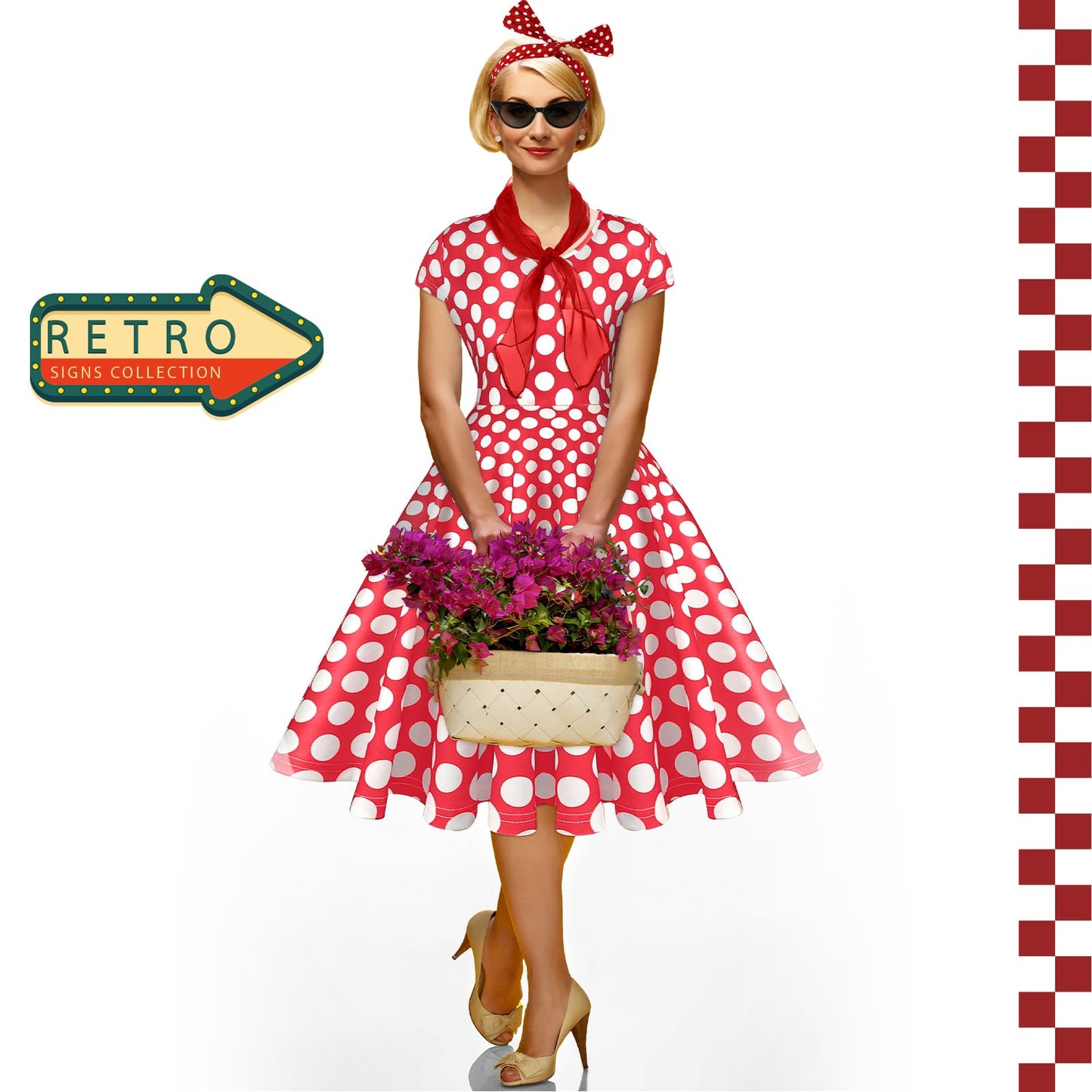 JenPen 7 Pcs 50s Women Costume Vintage Polka Dot Cocktail Dress Retro 50s Chiffon Scarf Cat Eye Glasses Headband Earring(L)