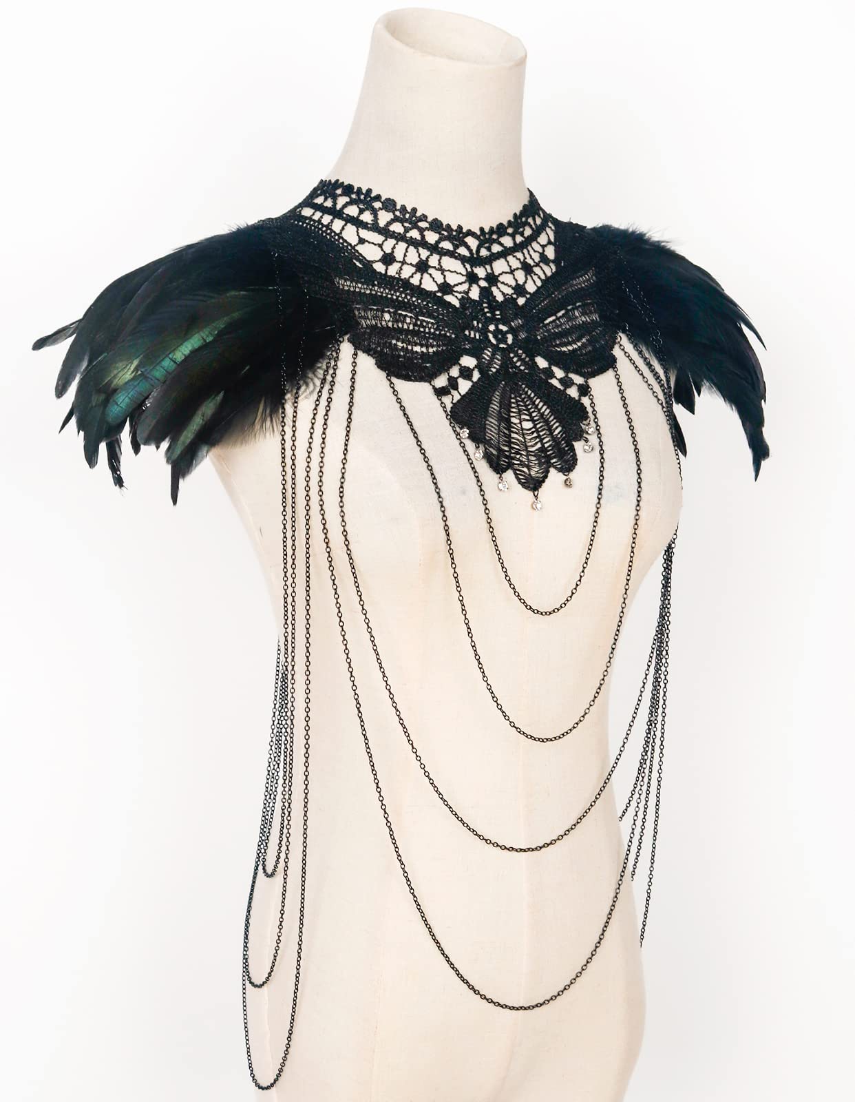 L'VOW Real Black Feather Harness Lace Collar Necklace Bib Halloween (Z-Black001)