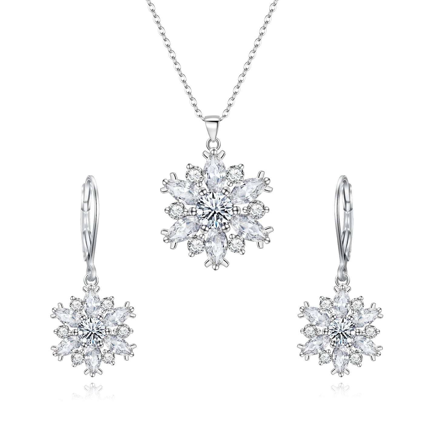 FANZE Fashion Cubic Zircon Snoweflake Jewelry Set for Women Snow Dangle Earring Hypoalllergenic Trendy Gift for New Years Chrismas Thanksgiving Clear Sliver-Tone