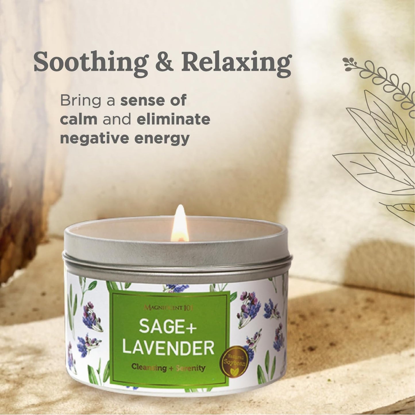 MAGNIFICENT 101 Sage & Lavender Aromatherapy Smudge Candle - 6 Oz - 35-Hour Burn Soy Wax - Energy Cleansing & Manifestation - Spiritual Decor & Meditation Accessories - Spiritual Gift for Women