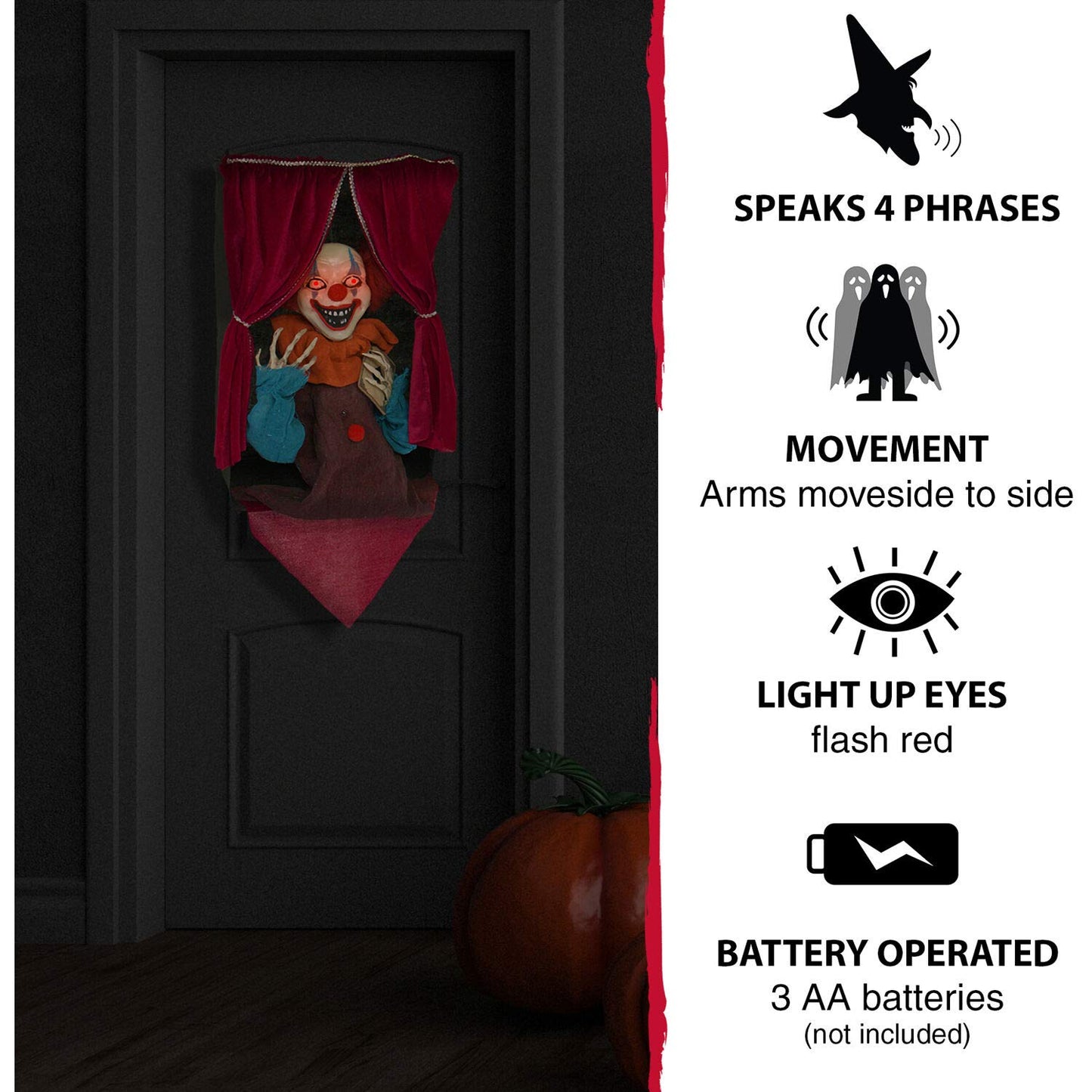 Haunted Hill Farm Talking Clown Halloween Animatronic with Flashing Red Eyes, Indoor or Outdoor Halloween Decorations, Battery Operated Creepy Halloween Props for Home or Haunted House