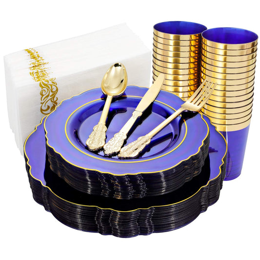 KIRE 210Pcs Blue Plastic Plates with Gold Rim& Disposable Plastic Silverware &Blue Cups&Hand Napkin- Baroque Clear Dinnerware for Parties/Wedding