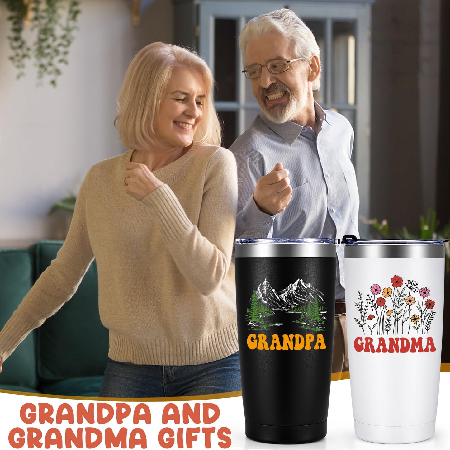 Qtencas Grandma and Grandpa Gifts, Grandparents Christmas Gifts, Grandpa and Grandma insulated Travel Tumbler Set, Gift for Grandparents on Christmas Birthday Anniversary, 20 Oz Black & White