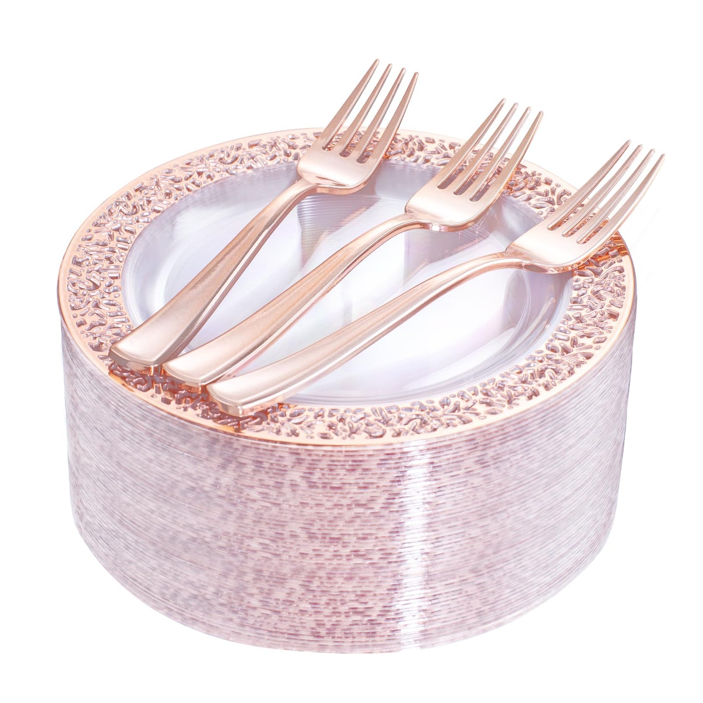 I00000 72 Pcs Rose Gold Dessert Plates 7.5" & 72 Pcs Disposable Forks 7.4", Lace Design Plastic Salad Plate, Plastic Appetizer Plate for all Holidays Perfect for Party & Wedding