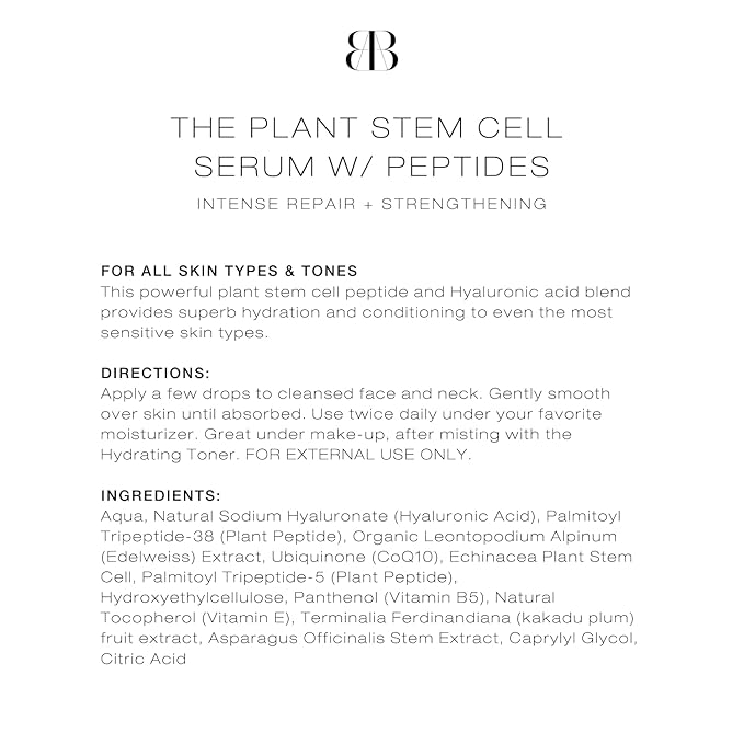 Biba De Sousa The Plant Stem Cell Peptide Serum - Intense Repair, Hydration & Youthful Glow with Plant Peptides, Hyaluronic Acid, Antioxidants, Vit B5 (1oz)