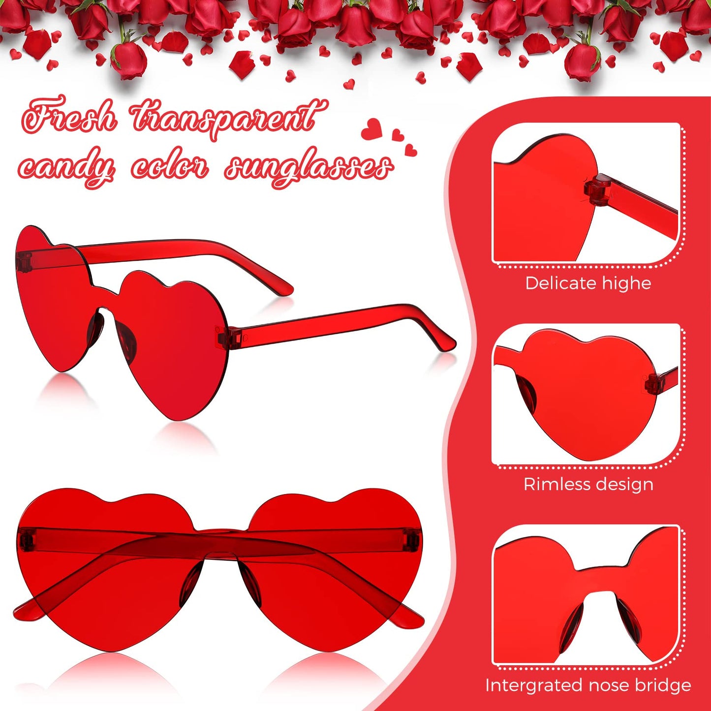 MTLEE 8 Pcs Valentines Day Red Heart Head Bopper Headband and Heart Shaped Sunglasses Transparent Candy Color Rimless Eyewear