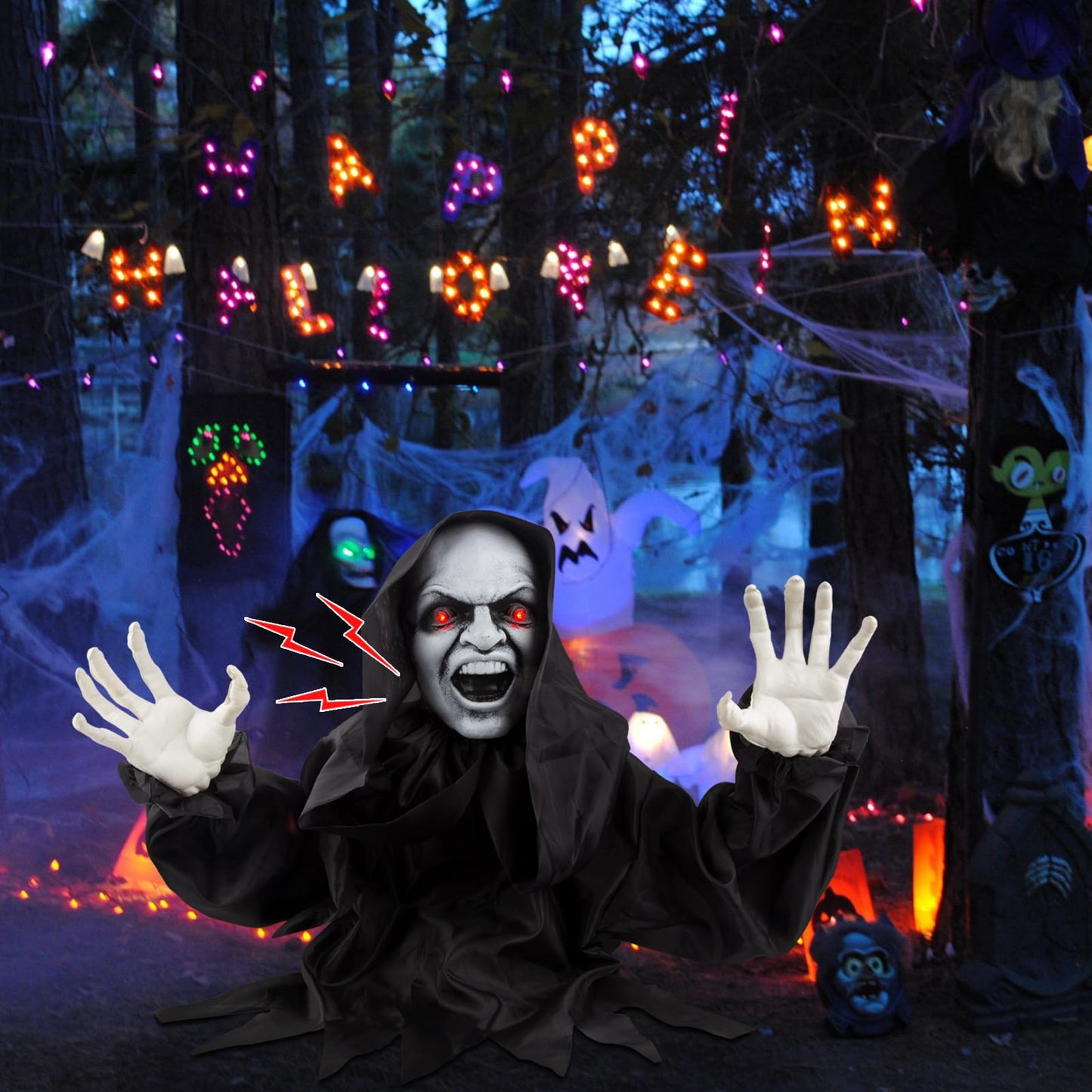 Halloween Animatronics Decorations - Scary Grim Reaper with Sound Activated, Creepy Sound, Light Up Eyes, Scary Motion for Halloween Indoor/Outdoor Yard Lawn Decoration, Haunted House Props