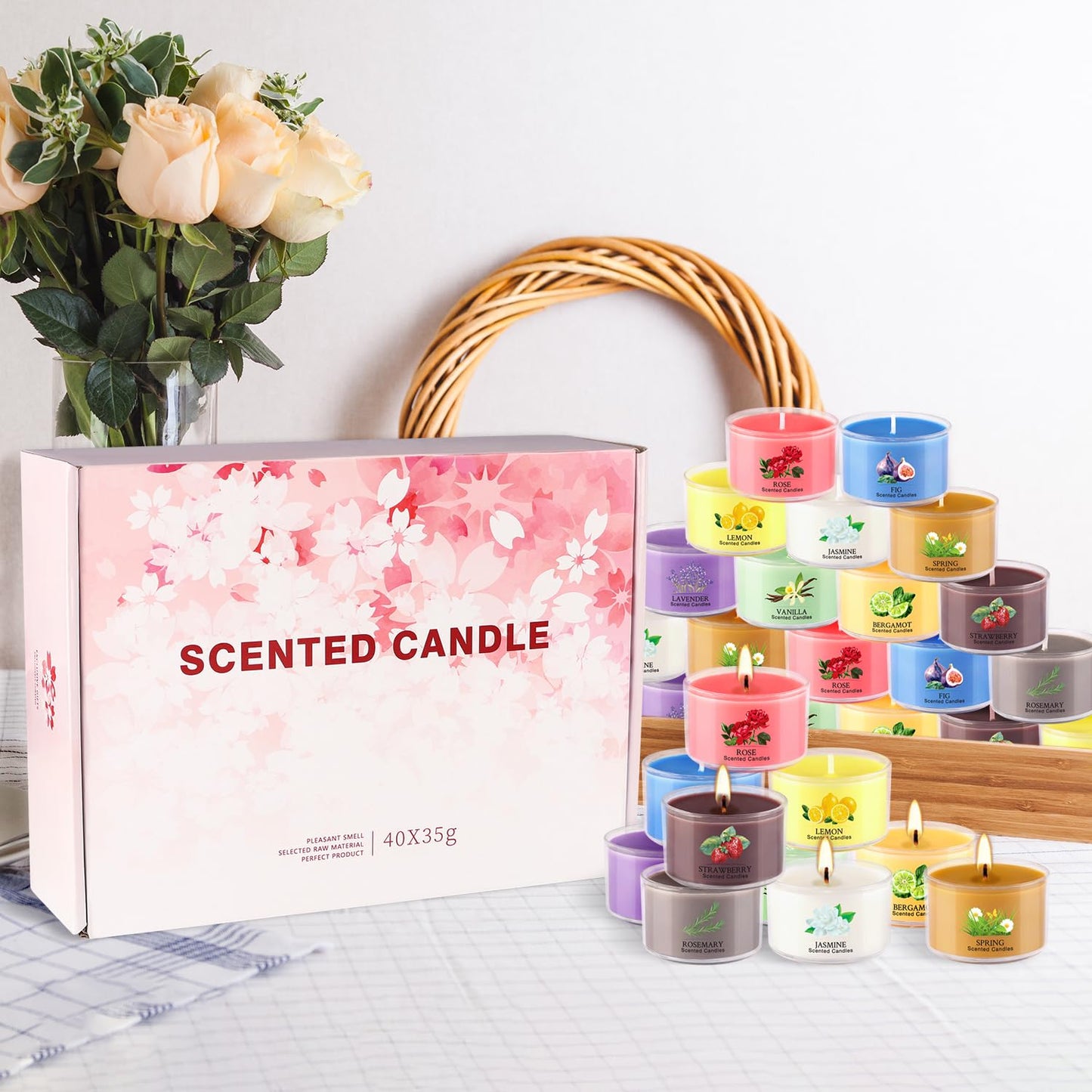 Scented Candle Set of 40 * 35g, 10 Fragrances, Soy Wax, Smokeless, with Cotton Wick,Long-Lasting Burn time for Home Décor,Relaxation,Romantic Dinner,Gift