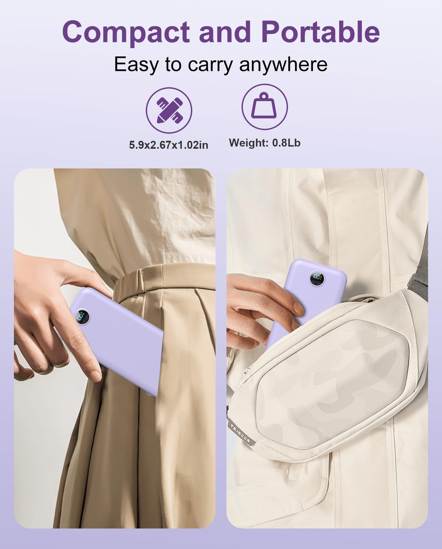 Portable Charger, 12000mAh 22.5W USB C Fast Charging Power Bank with Built-in Cables and AC Wall Plug, Smart LED Display Travel Essentials Battery Pack Compatible with iPhone, iPad, Samsung etc Purple