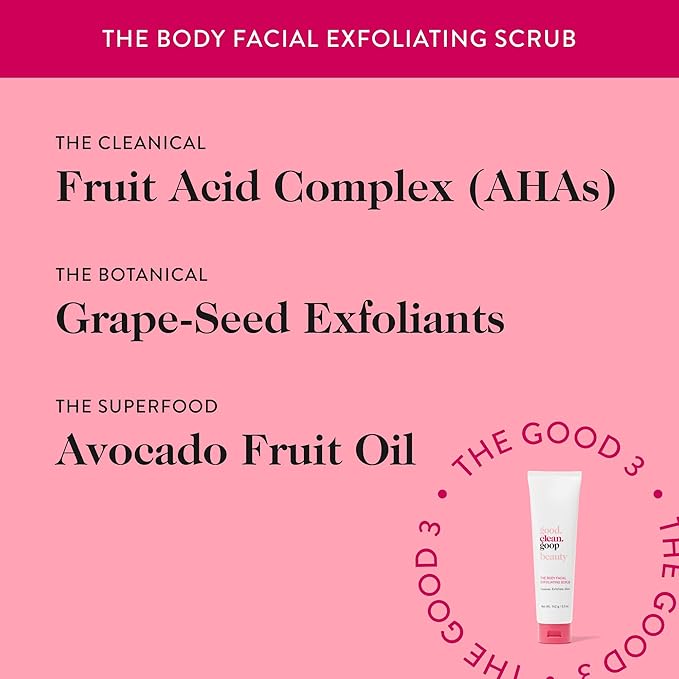 good.clean.goop beauty The Body Facial Exfoliating Scrub | Body Exfoliant & Cleanser for Glowing Skin | AHAs, Grape-Seed Exfoliant & Avocado Fruit Oil | Dead Skin Remover | Cruelty-Free & Vegan | 5 oz