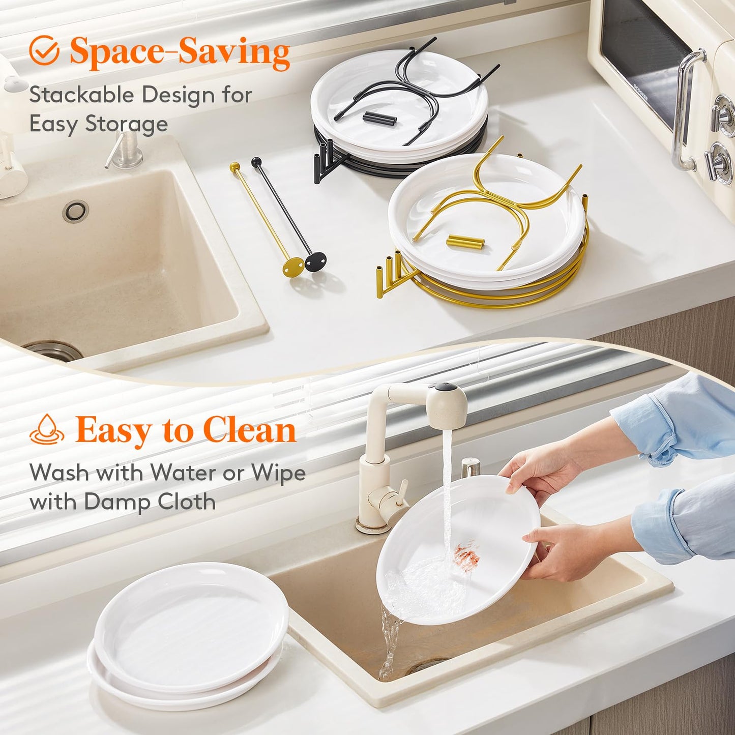 Lifewit Plastic 3 Tier Serving Tray Platter for Party Entertaining, 10" × 10" Large Dessert Table Display Set, White Reusable Round Dishes with Black Metal Display Stand for Veggie, Fruit, Cookies