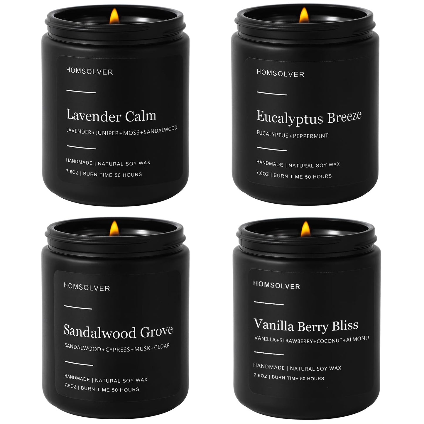 Homsolver Set of 4 Scented Candles for Home Decor, Candle Gifts for Dad Men Him, 200Hours Burn Tine, Vanilla, Lavender, Sandalwood, Eucalyptus Scented with Black Jar