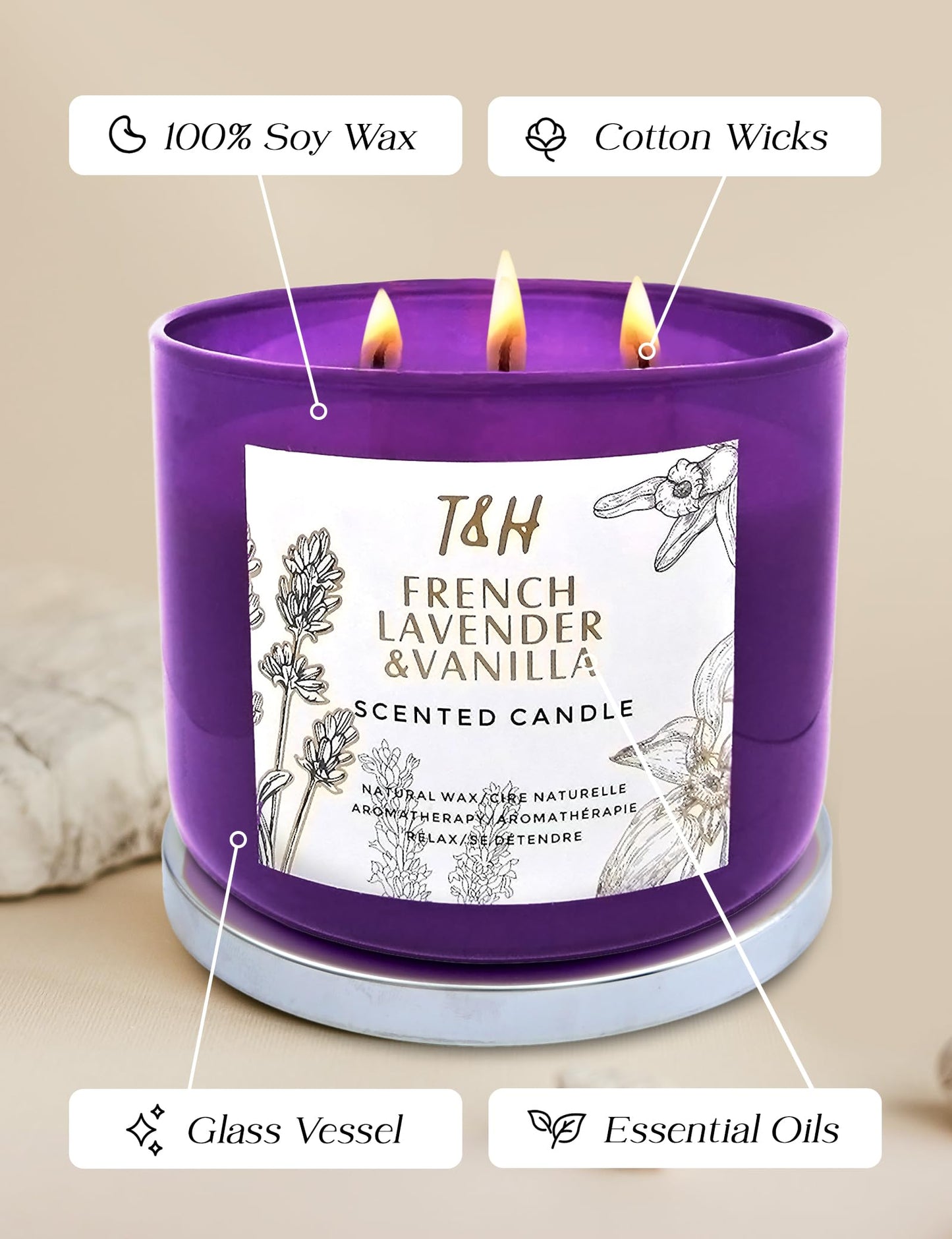Lavender Vanilla Aromatherapy Candle 3 Wick | Scented Candles for Home | 15.8 oz Large Soy Candle | Relaxing Candles with Long Lasting Fragrance | Decorative Candle Gift for Women