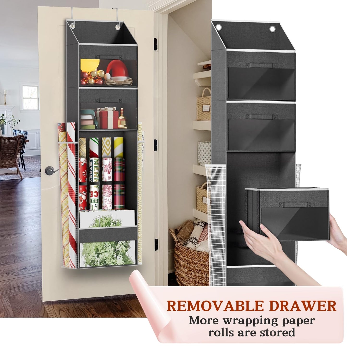 Over Door Wrapping Paper Organizer Storage with 3 Removable Drawers & Side Pockets – Dual Use Design with Elastic Straps – Christmas Gift Wrap Storage for Ribbons, Bows, Ornament and Other Tools