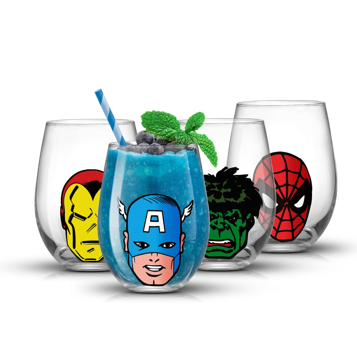 JoyJolt Marvel Heroes Stemless Drinking Glasses, 19oz Superhero Cups ft Hulk Captain America Spiderman and Iron Man, Avengers Glassware Set of 4, Marvel Gifts for Men and Women