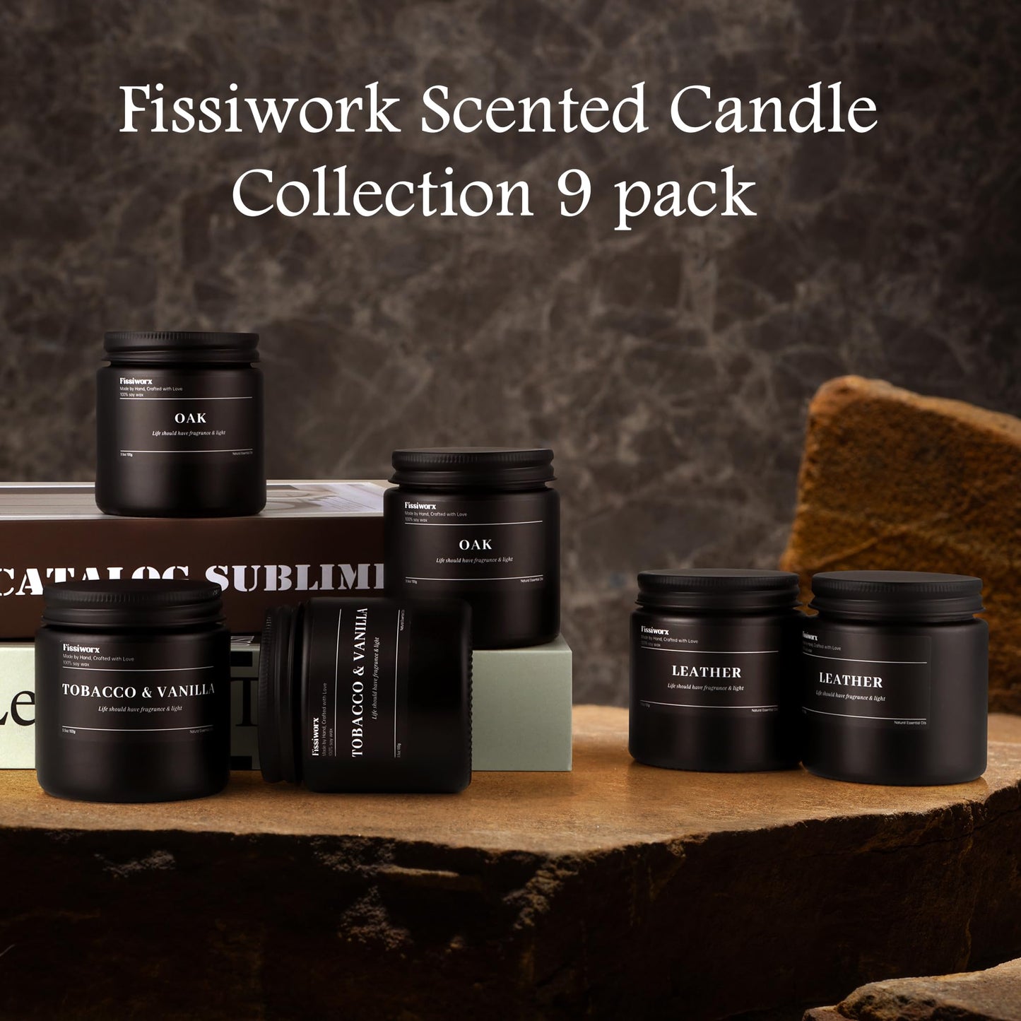 FISSIWORX 9 Pack Scented Candles Set Gifts for Men, Aromatherapy Candle Set with Scents (Leather/Vanilla/Oak) - Gift for Dad, Boyfriend, Birthday, Father’s Day, Anniversary