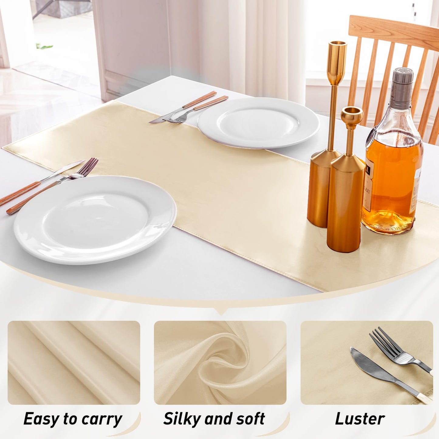 JEVIX 10 Pack Satin Table Runner 12 X 108 Inch Silk Table Runner for Party,Wedding, Birthday, Banquets,Decoration(Champagne)