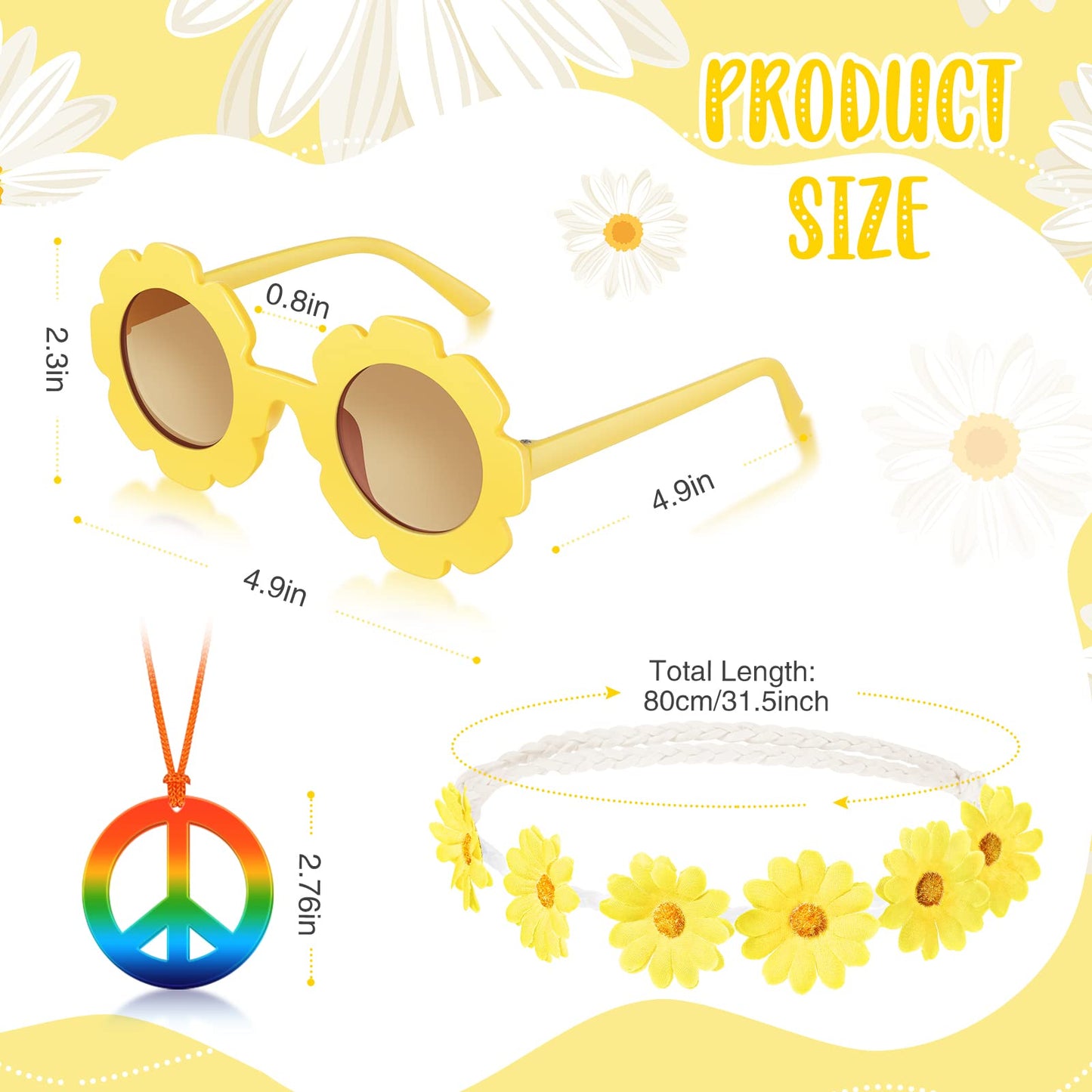 Cindeer 36 Pcs Retro Flower Sunglasses Daisy Flower Headbands Peace Sign Necklace Set, Groovy Party Decorations Hippie Costume Accessories 60s 70s Party Favors for Kids