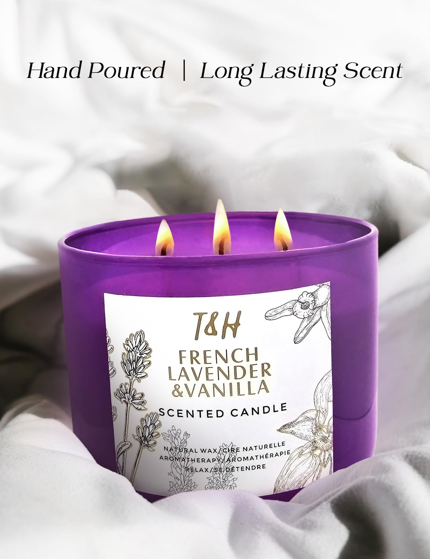 Lavender Vanilla Aromatherapy Candle 3 Wick | Scented Candles for Home | 15.8 oz Large Soy Candle | Relaxing Candles with Long Lasting Fragrance | Decorative Candle Gift for Women