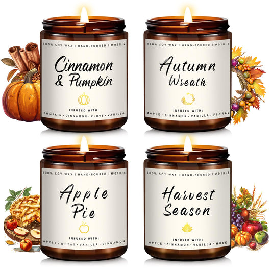 Fall Candles | 4 Pack Scented Candles, Soy Wax Candle Gifts for Women Men, Autumn Candle Home Scented, Fall Gift for Home Decor - Apple Pie/Cinnamon/Harvest/Wreath