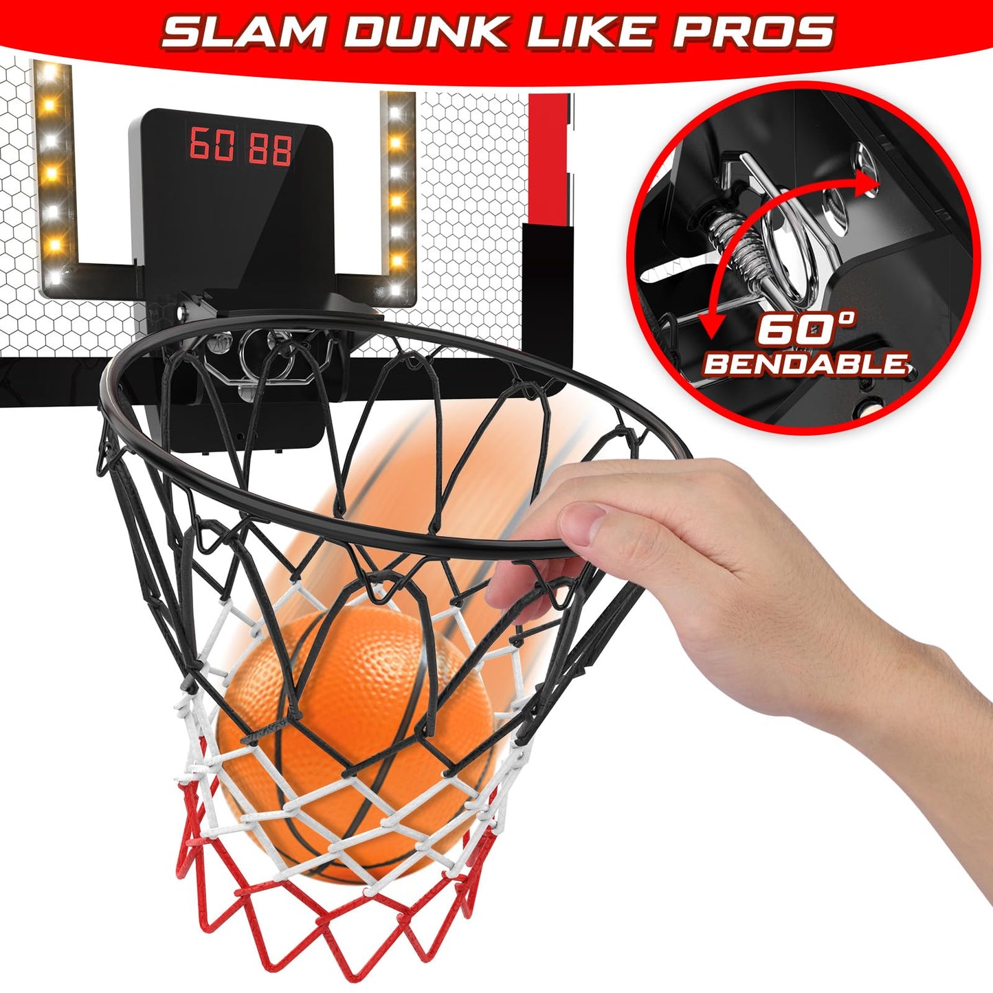 Indoor Basketball Hoop for Kids, Mini Basketball Hoop with Double Electronic Scoreboard and LED Light, Over The Door Basketball Gifts Toys for 5 6 7 8 9 10 11 12 Year Old Boys (West Red)