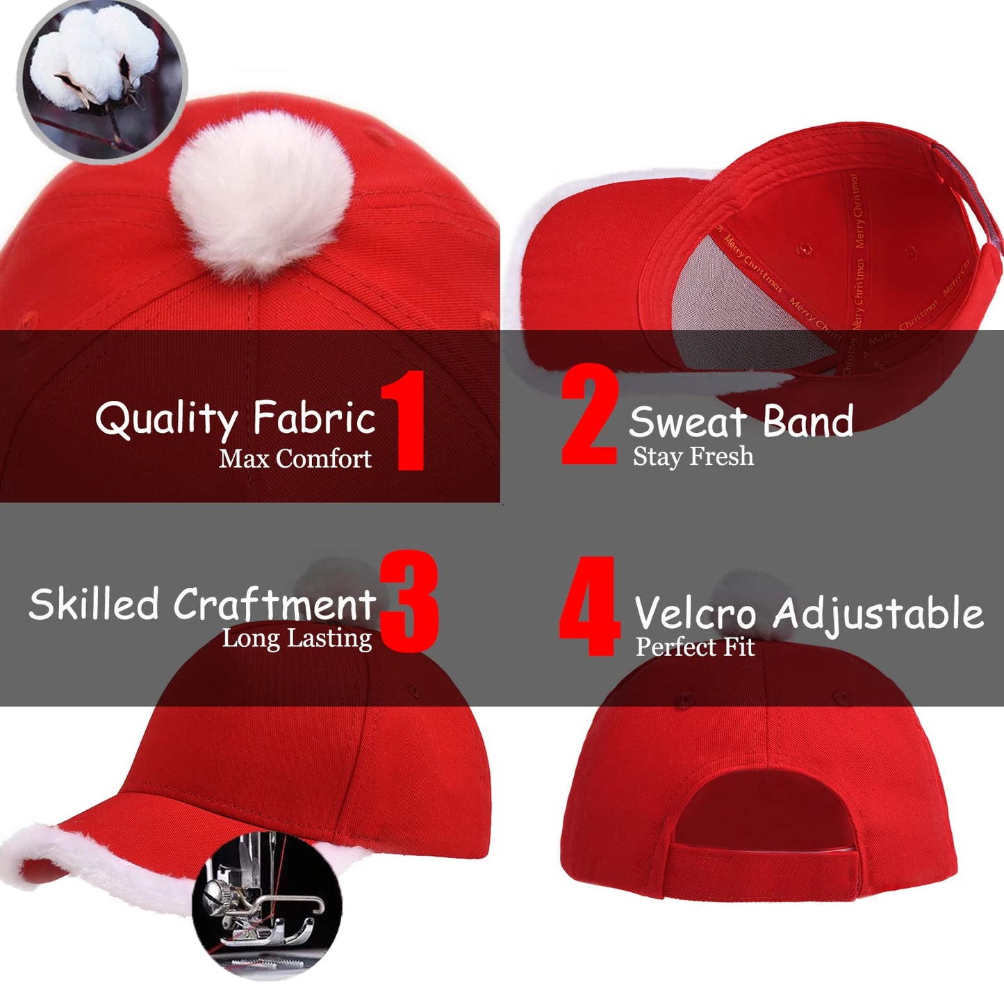 Giavuwn Santa Hat, Christmas Hat, Unisex Soft Santa Baseball Cap with Pom and Fur Brim Santa Hat Adult for Women Mens Holiday Party