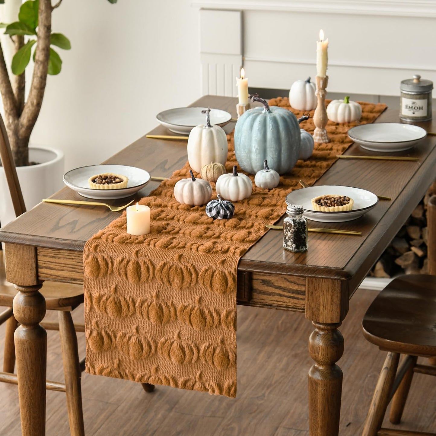 Artoid Mode Caramel Soft Plush Faux Fur Jacquard Pumpkins Fall Table Runner, Seasonal Autumn Kitchen Dining Table Decoration for Home Party Decor 13x72 Inch