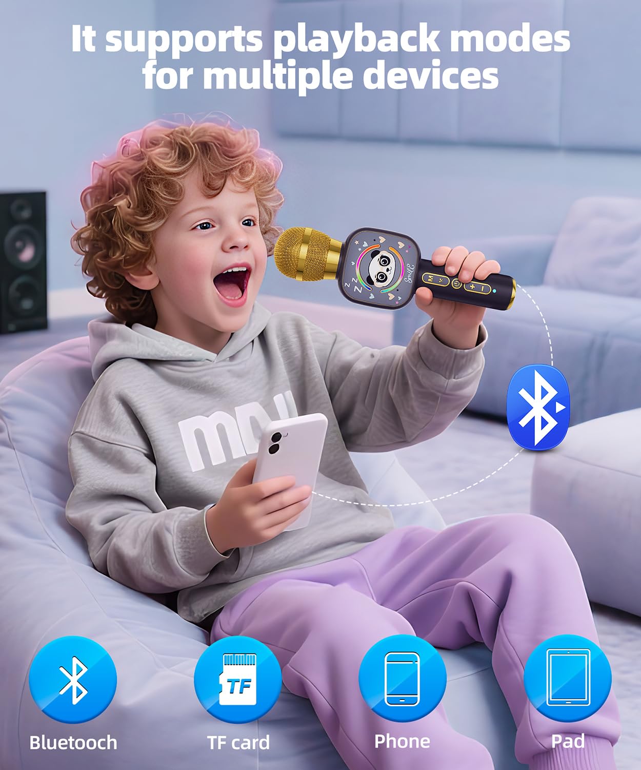 Bluetooth Karaoke Microphone Toy for Kids - Mini Portable Speaker with LED Lights, Wireless Pairing (TWS) for Duet Singing, Christmas Birthday Gift Toys for Boys & Girls Ages 2-12 (black - 1)