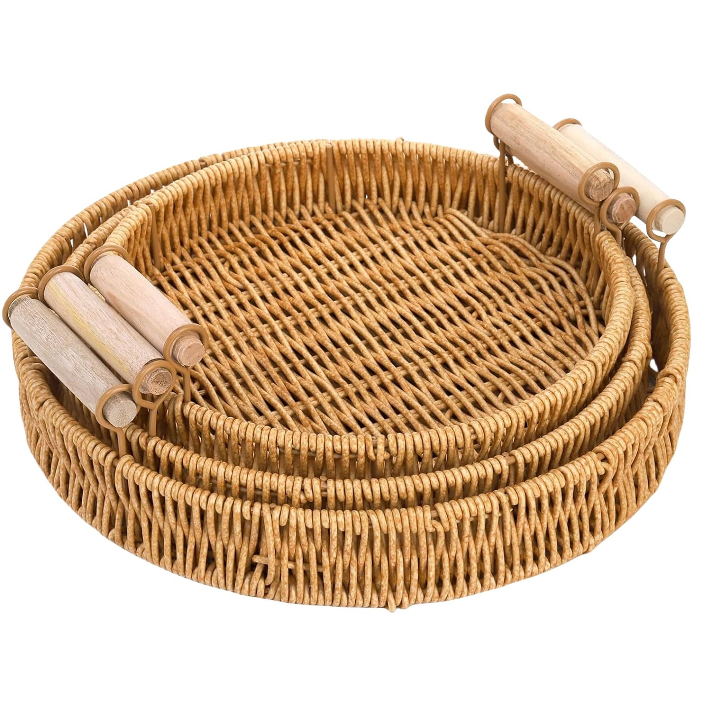 GIB Small Round Rattan Serving Trays with Handles, Decorative Woven Wicker Baskets Serving Trays for Coffee Table Decor, Bread, Fruit, Snacks, Set of 3