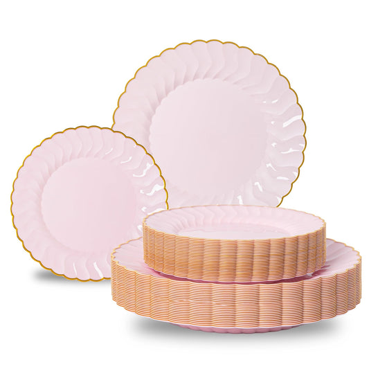 Lullaby 60PCS Pink Scalloped Plastic Plates with Gold Rim, Disposable Elegant Plates Include 30pcs Dinner Plate 10.25", 30pcs Dessert Plate 7.5", Perfect for Daily Use, Wedding and Party