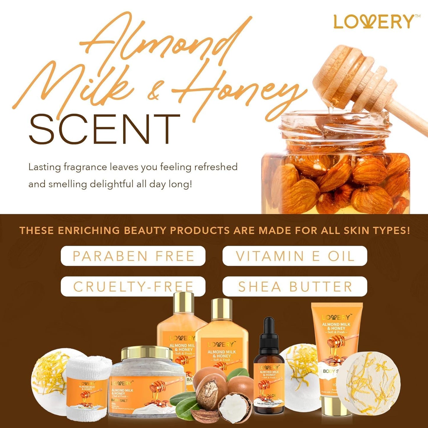 Gifts for Women Gift Basket for Women - 10 Pc Almond Milk & Honey Beauty & Personal Care Set - Home Bath Pampering Package for Relaxing - Spa Self Care Kit - Thank You, Birthday, Mom, Anniversary Gift