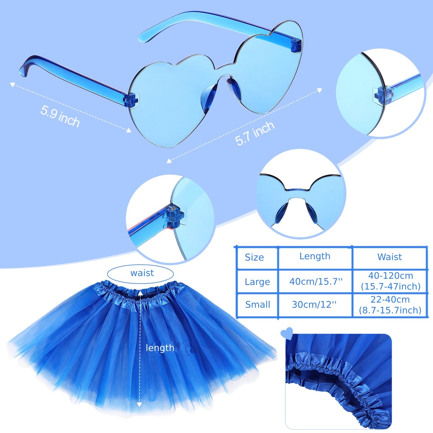 Canlierr Tutu Costume Accessory Set Red White Blue Women's Layered Tulle Skirts Pom Pom Headband Heart Sunglasses Necklaces(Large,Blue)