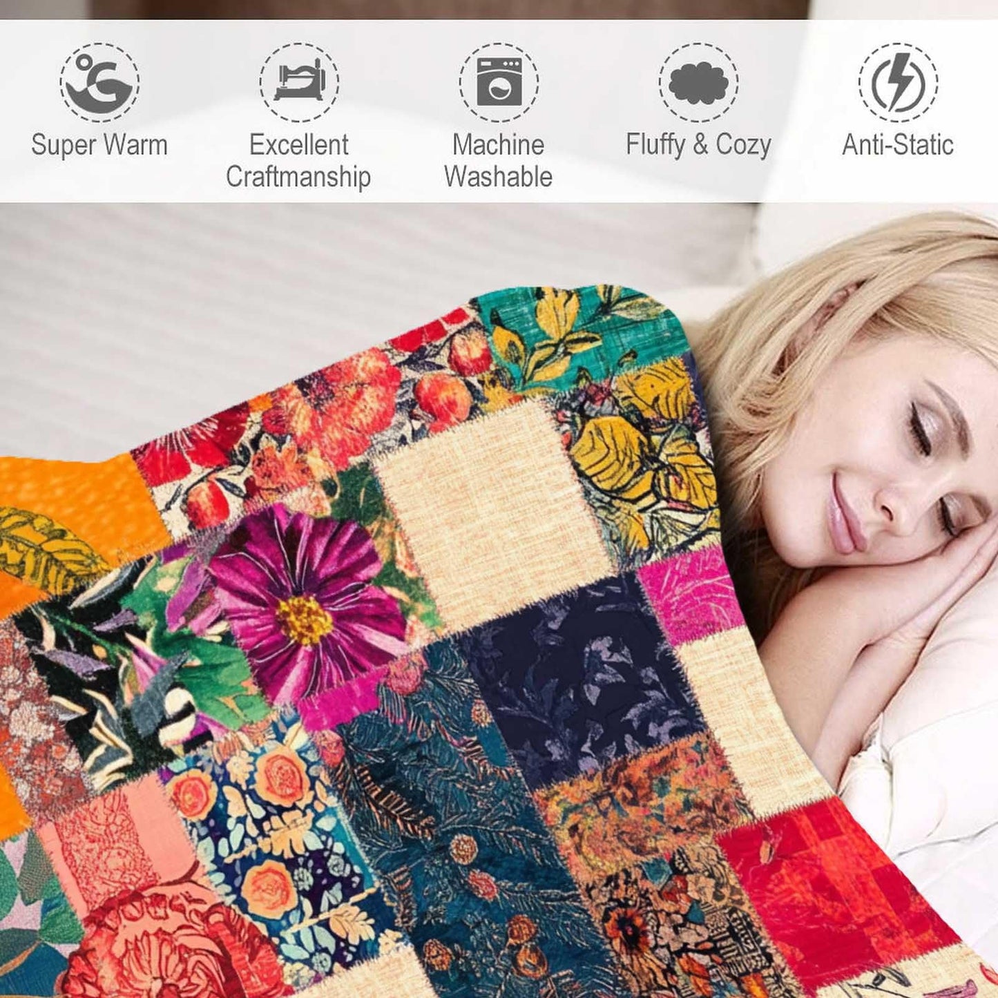 FexNuvko Printed Faux Patchwork Inspired Throw Blanket | Faux Quilt and Kantha Look | Lightweight Floral Fleece for All Seasons | Gifts for Women and Men | Home Decor for Couch and Bed | 50x60 Inches