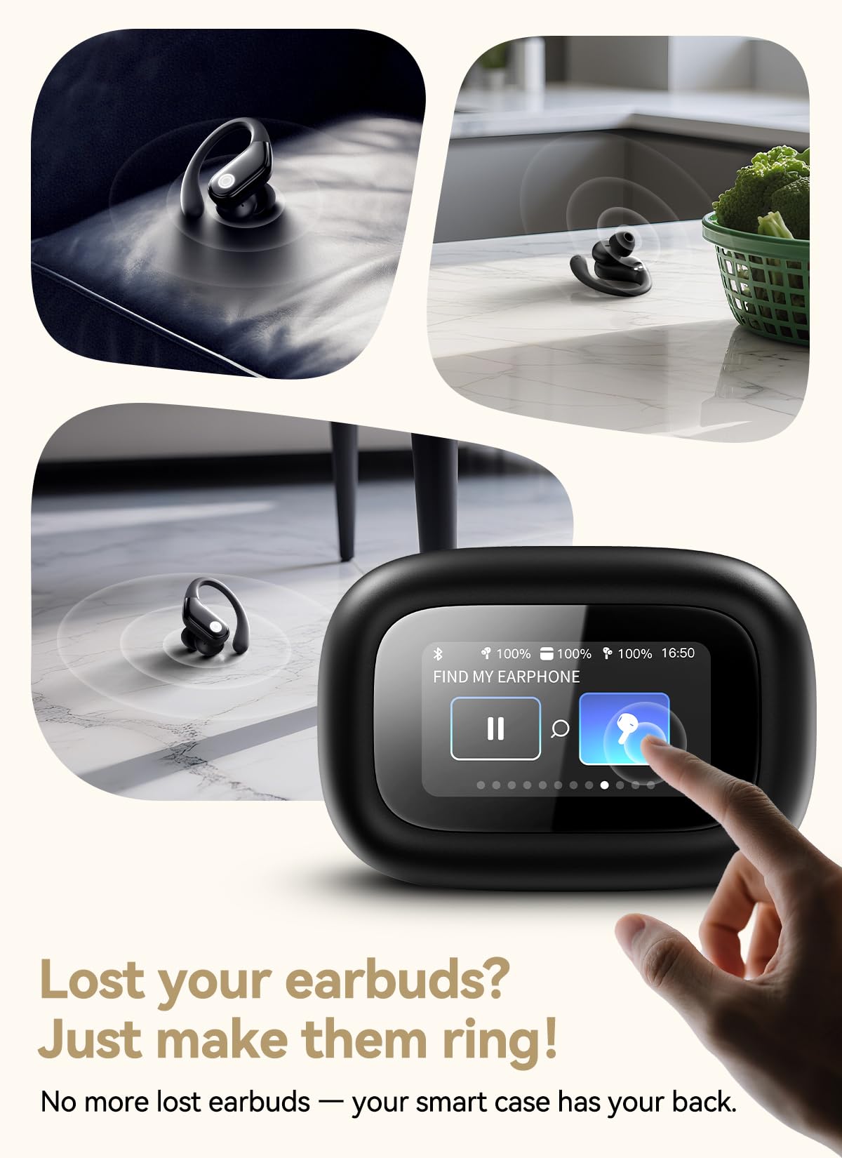 jaddsa Wireless Earbuds, ANC Noise Cancelling Sport Ear Buds with Multifunctional Touch Screen, Bluetooth 5.4 Headphones, Bass Stereo Sound, 5 EQ Over The Ear Earbuds for Sports/Workout/Gym-Black