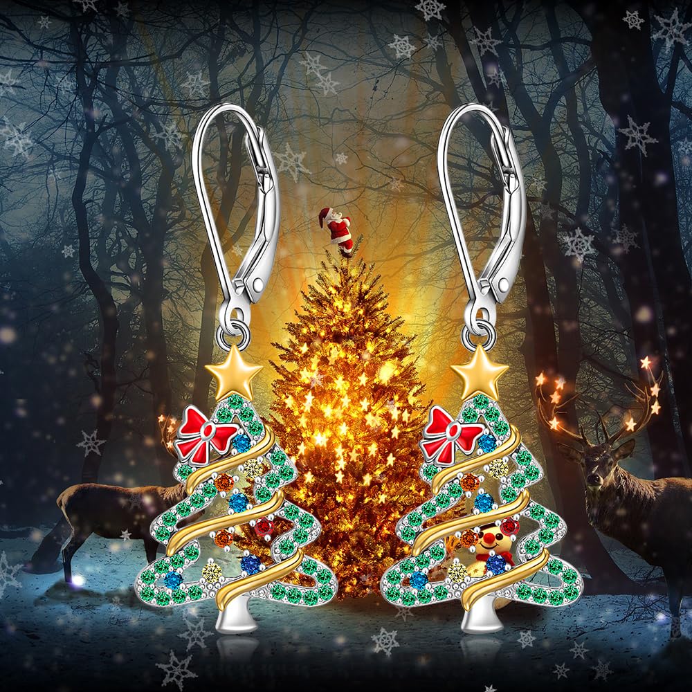 Christmas Tree Earrings Christmas Earrings Women Sterling Silver Dangle Drop S925 Leverback Green Tree X Mas Jewelry