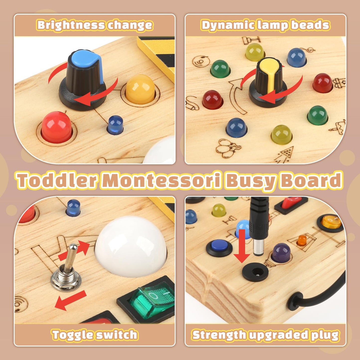 Joyreal Montessori Busy Board Wooden Sensory Toys for Toddler with LED Light Up Switch, Baby Fidget Board Travel Toys for 18+ Months, 1 2 3 Year Old Boys Girls Toddler Toy Gifts (Classic)
