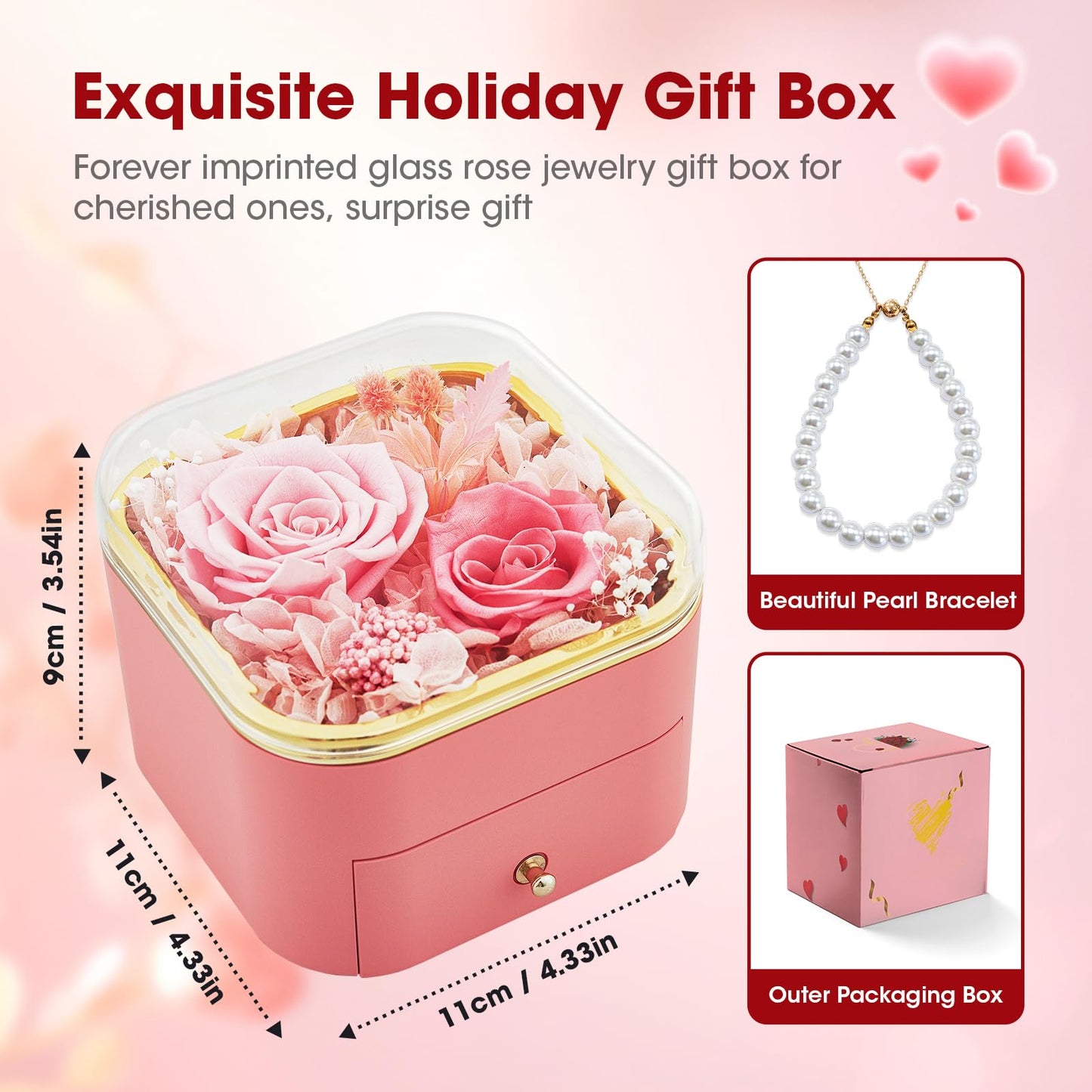 INYPTROPIC Preserved Real Rose with Pearl Bracelets Forever Flowers Jewelry Box for Mom Wife Girlfriend Grandma on Mothers Day Birthday Valentines Christmas Anniversary Beatiful Gifts for Women
