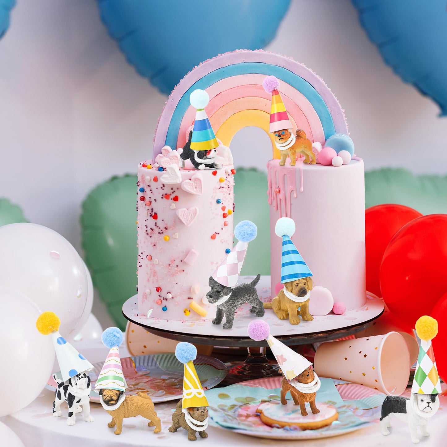 Simgoing 36 Pcs Mini Dog Birthday Party Decorations Mini Birthday Hat with Pom Poms Puppy Figure Model Cake Toppers with Hat for Dog Lovers Animals Themed Party