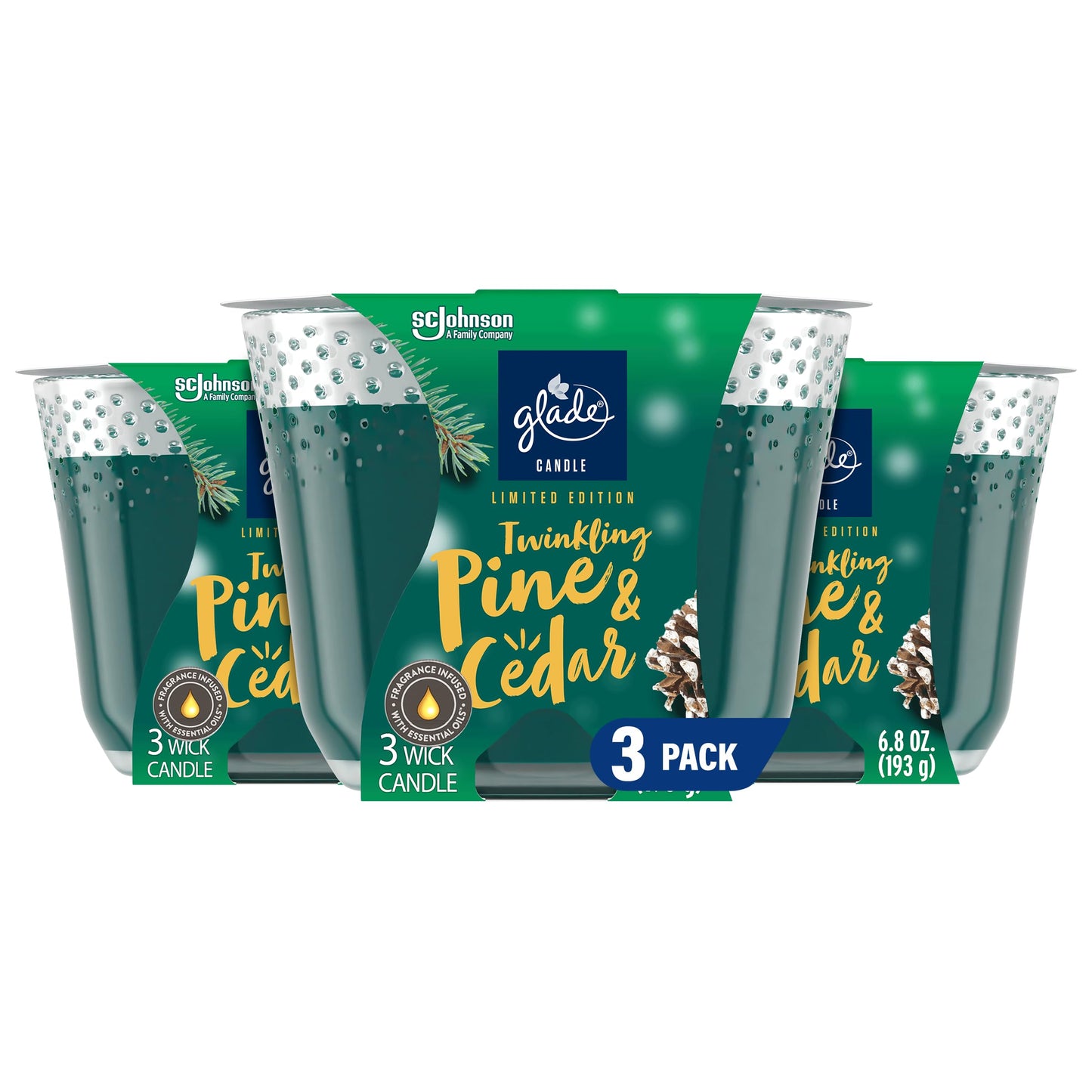 Glade Candle Twinkling Pine & Cedar, Fragrance Candle Infused with Essential Oils, Air Freshener Candle, 3-Wick Candle, 6.8 Oz, 3 Count