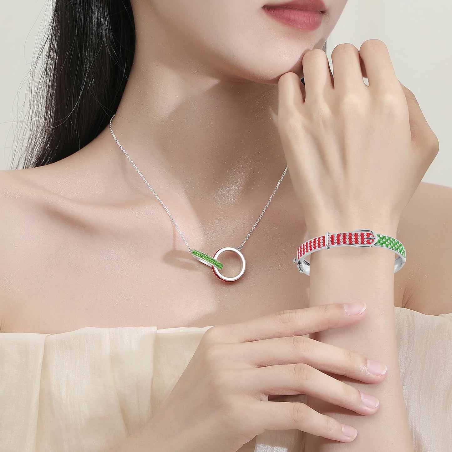 MUYUU Christmas Bangle Bracelet, Silver Plated Red and Green Bracelet, Sparkly Crystal Bracelet For Women Fashion Jewelry