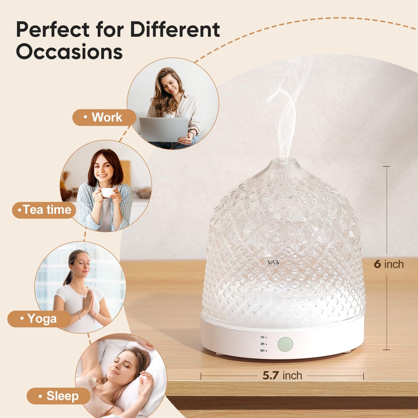 Lecdura Glass Essential Oil Diffuser, 200ml Ultrasonic Aroma Diffusers with Glass Reservoir Dome & White Plastic Base Lock Color Auto-Off Timer 7 Color Light for Home Office Bedroom Yoga