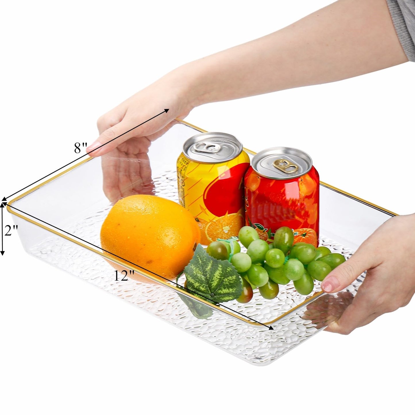 Cididu 4 Pack Clear Serving Trays, Deep Serving Platters Rectangle 12'' x 8'', Decorative Tray with Gold Rim, Reusable Plastic Tray Organizer for Coffee Table Pantry Party Food Display Spill Proof