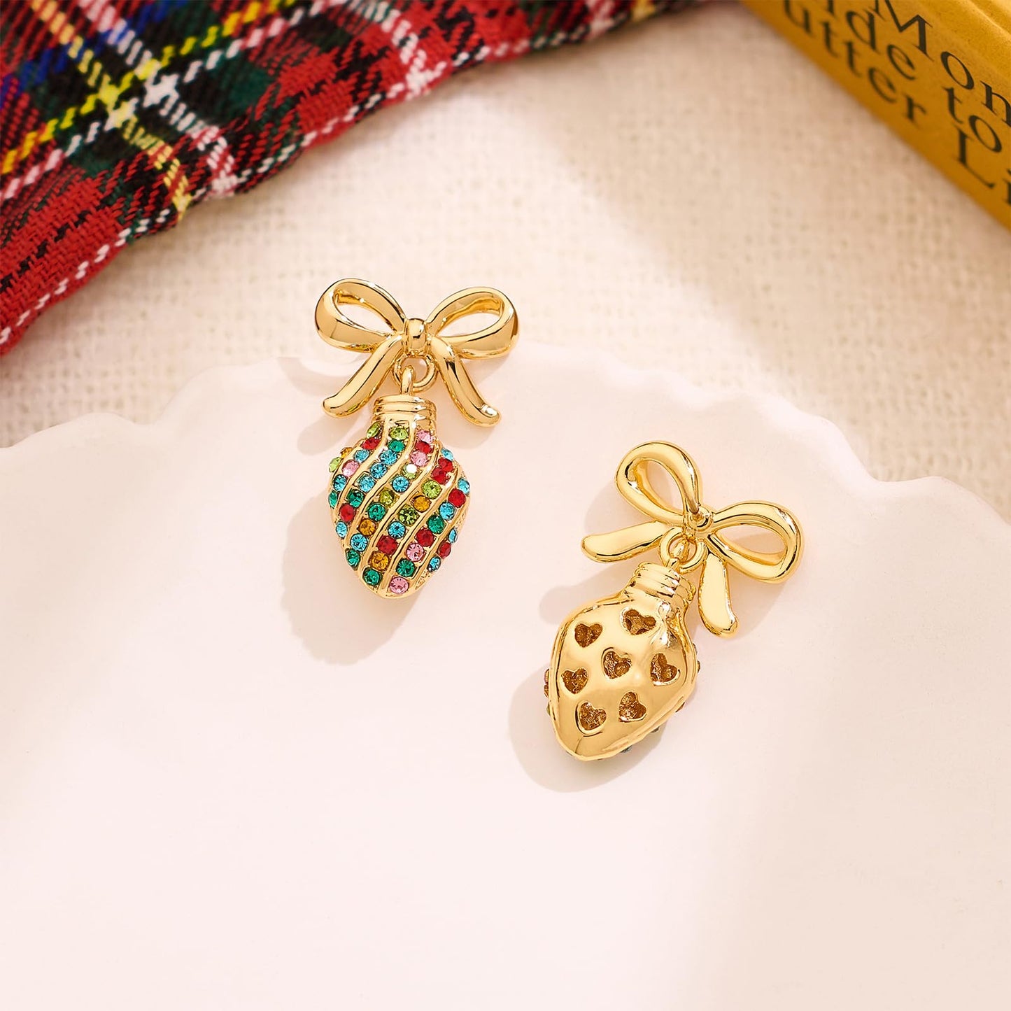 CUFELMU Christmas Earrings for Women Colorful Rhinestones Bow Light Bulb Earrings